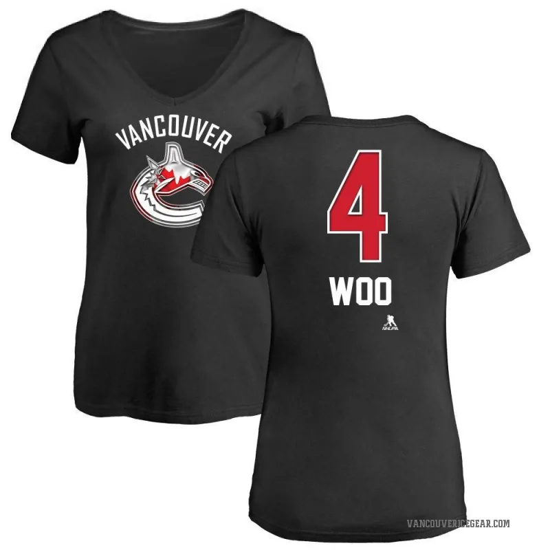 Jett Woo Women's Black Vancouver Canucks Name and Number Banner Wave V-Neck T-Shirt -