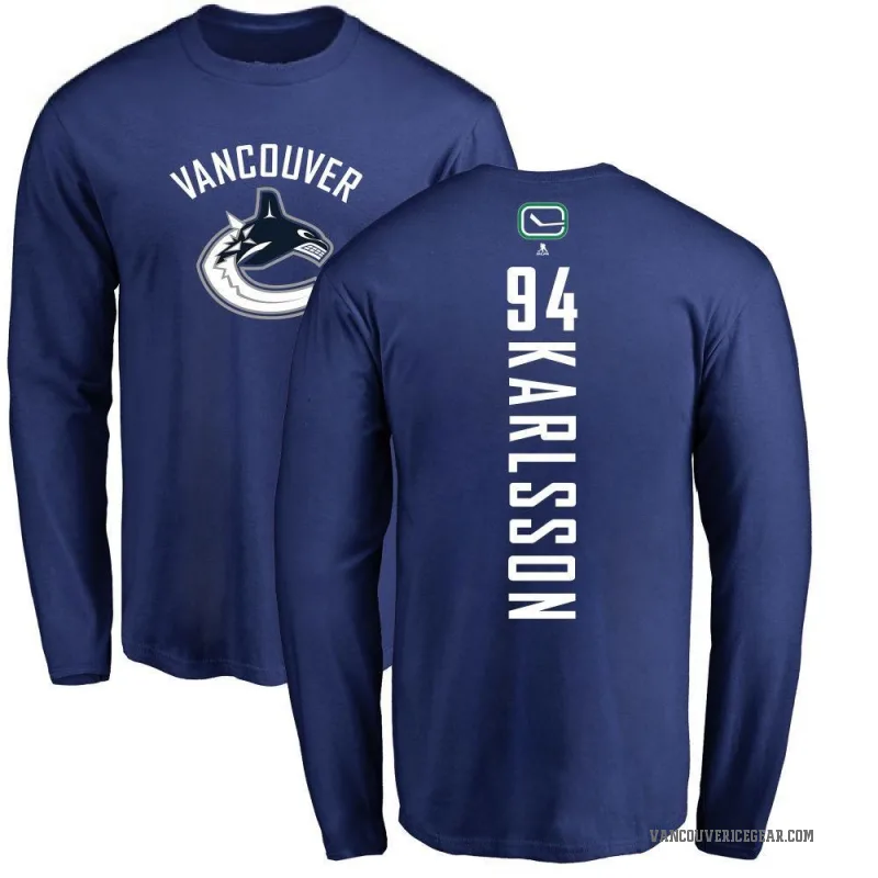 Linus Karlsson Men's Royal Vancouver Canucks Backer Long Sleeve T-Shirt -