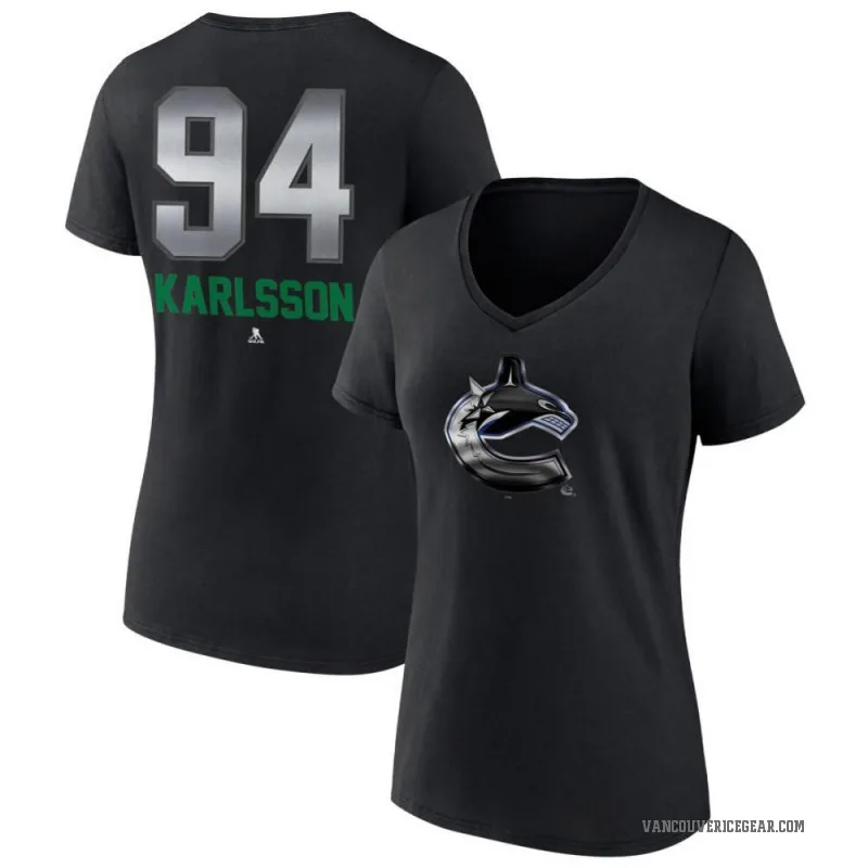 Linus Karlsson Women's Black Vancouver Canucks Midnight Mascot Logo V-Neck T-Shirt