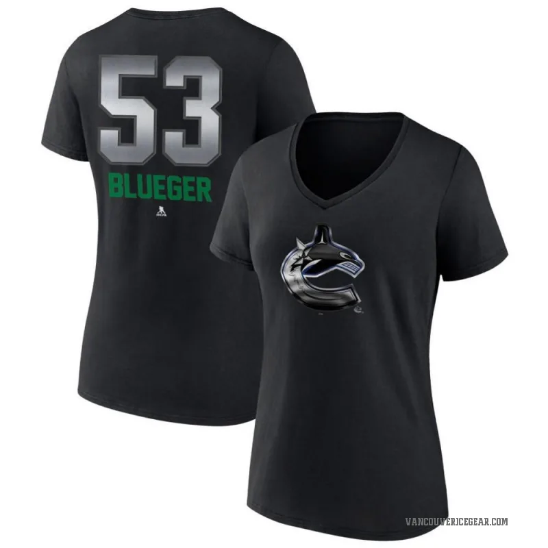 Teddy Blueger Women's Blue Vancouver Canucks Black Midnight Mascot Logo V-Neck T-Shirt