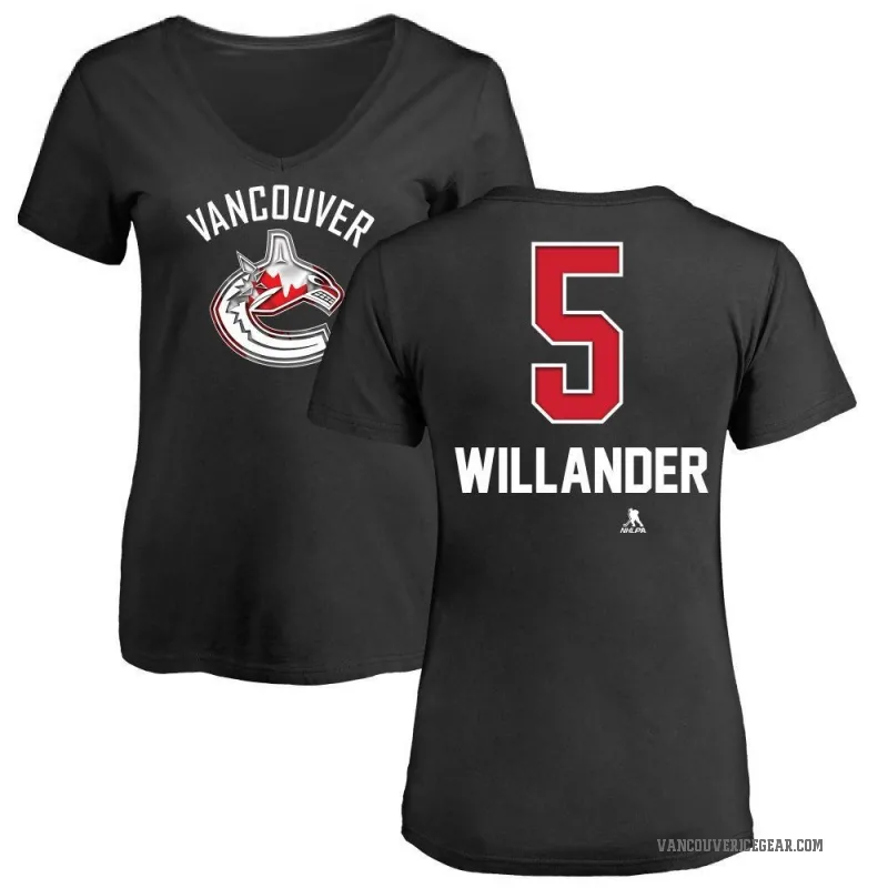 Tom Willander Women's Black Vancouver Canucks Name and Number Banner Wave V-Neck T-Shirt -